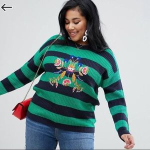 Comfy cozy striped sweater w/ floral embroidery